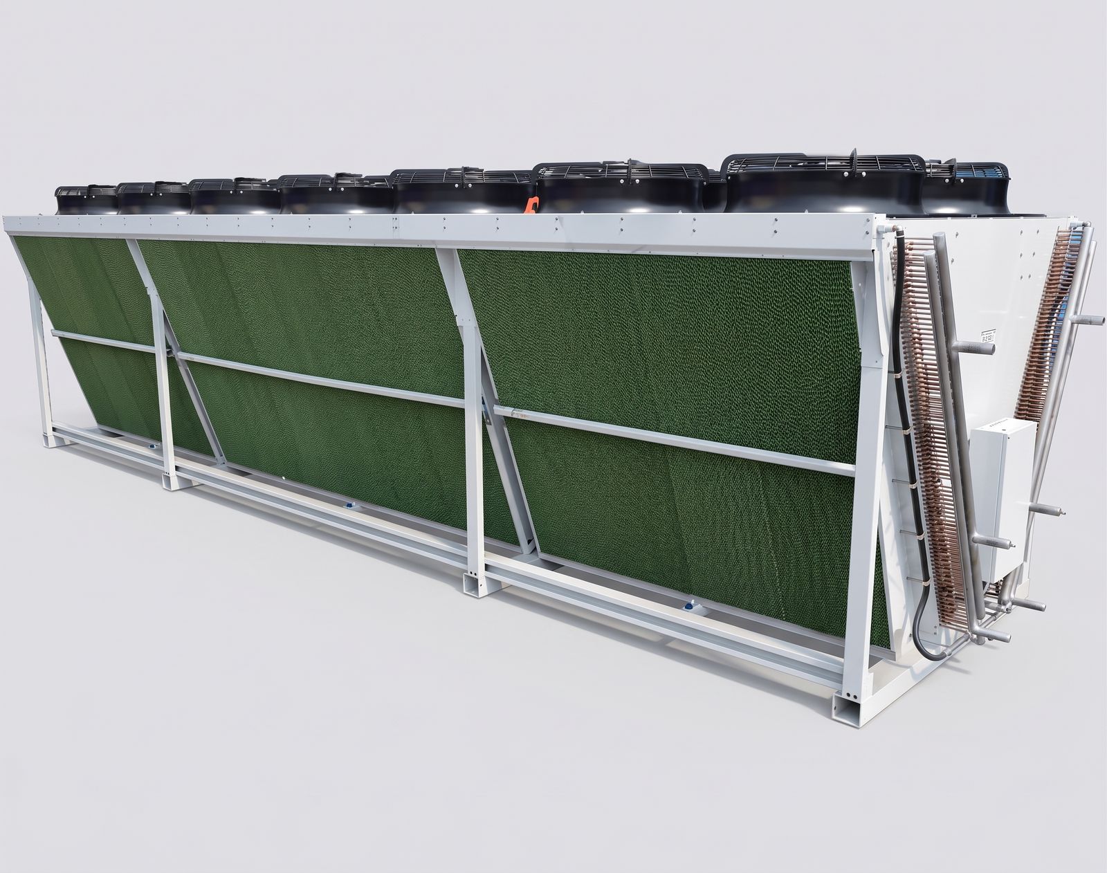 Long adiabatic dry cooler with cellulose pre-cooling pads on hinged frames, fourteen axial fans on top and copper headers at the open end.