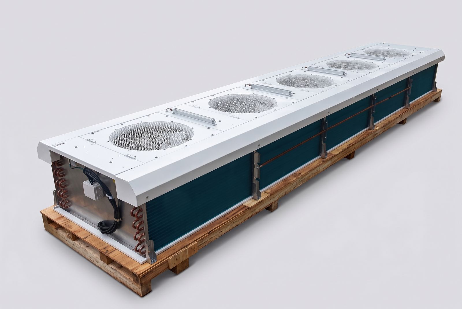 Differential pressure unit cooler built for high airflow through a stacked load in a low profile housing.