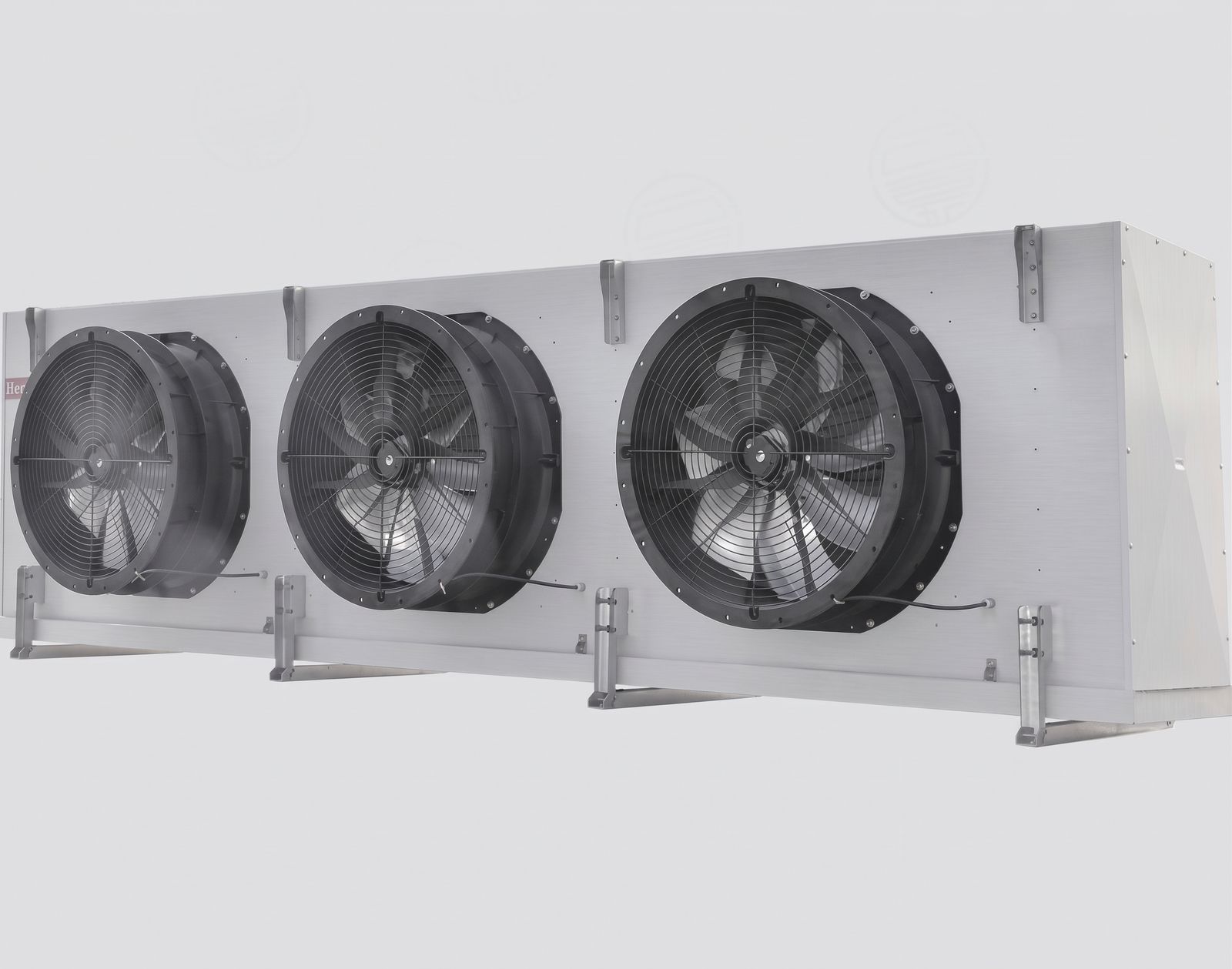 Ceiling mounted unit cooler with three large axial fans and guards on a brushed aluminum casing with stainless hanger brackets.